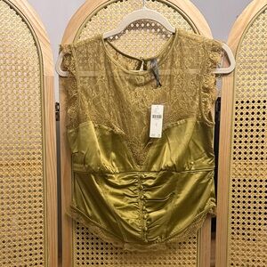 Lace-Detail Satin Corset Top - Olive Green